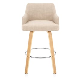 Dino Oak Stool Black Leather & Beige Fabric