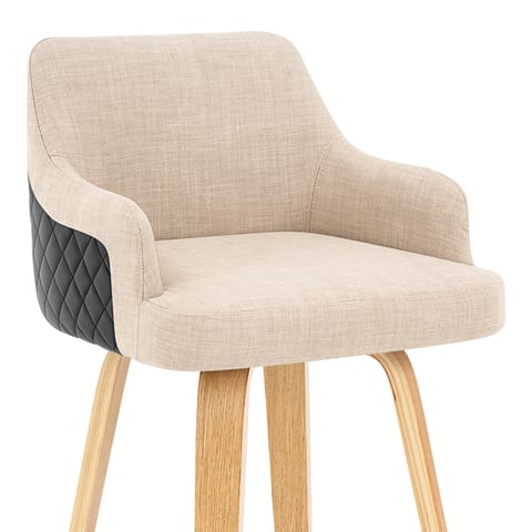 Dino Oak Stool Black Leather & Beige Fabric