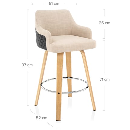 Dino Oak Stool Black Leather & Beige Fabric Dimensions