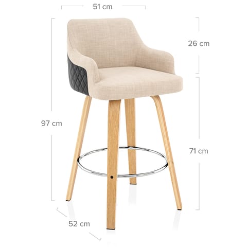 Dino Oak Stool Black Leather & Beige Fabric