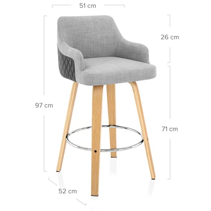 Dino Oak Stool Grey Leather & Grey Fabric Dimensions