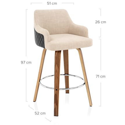 Dino Walnut Stool Black Leather & Beige Fabric Dimensions