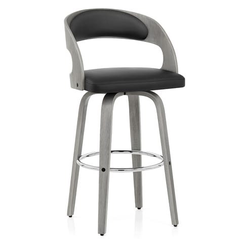 Alicia Grey Wooden Stool Black Real Leather