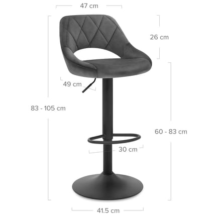 Nadia Bar Stool Charcoal Velvet Dimensions