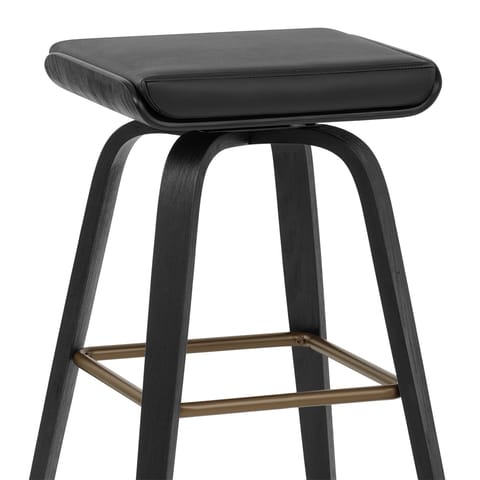 Remy Wooden Stool Black Real Leather