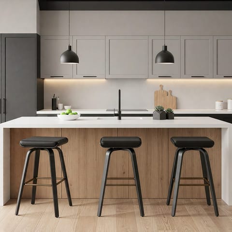 Remy Wooden Stool Black Real Leather