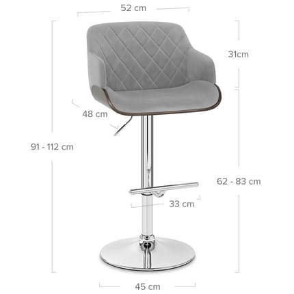 Dakota Bar Stool Grey Velvet Dimensions