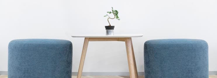 White Scandinavian Coffee Table with Blue Low Stools