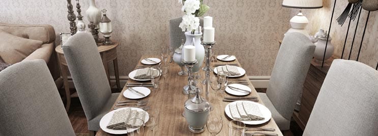 Large Dining Table with Six Grey Chairs