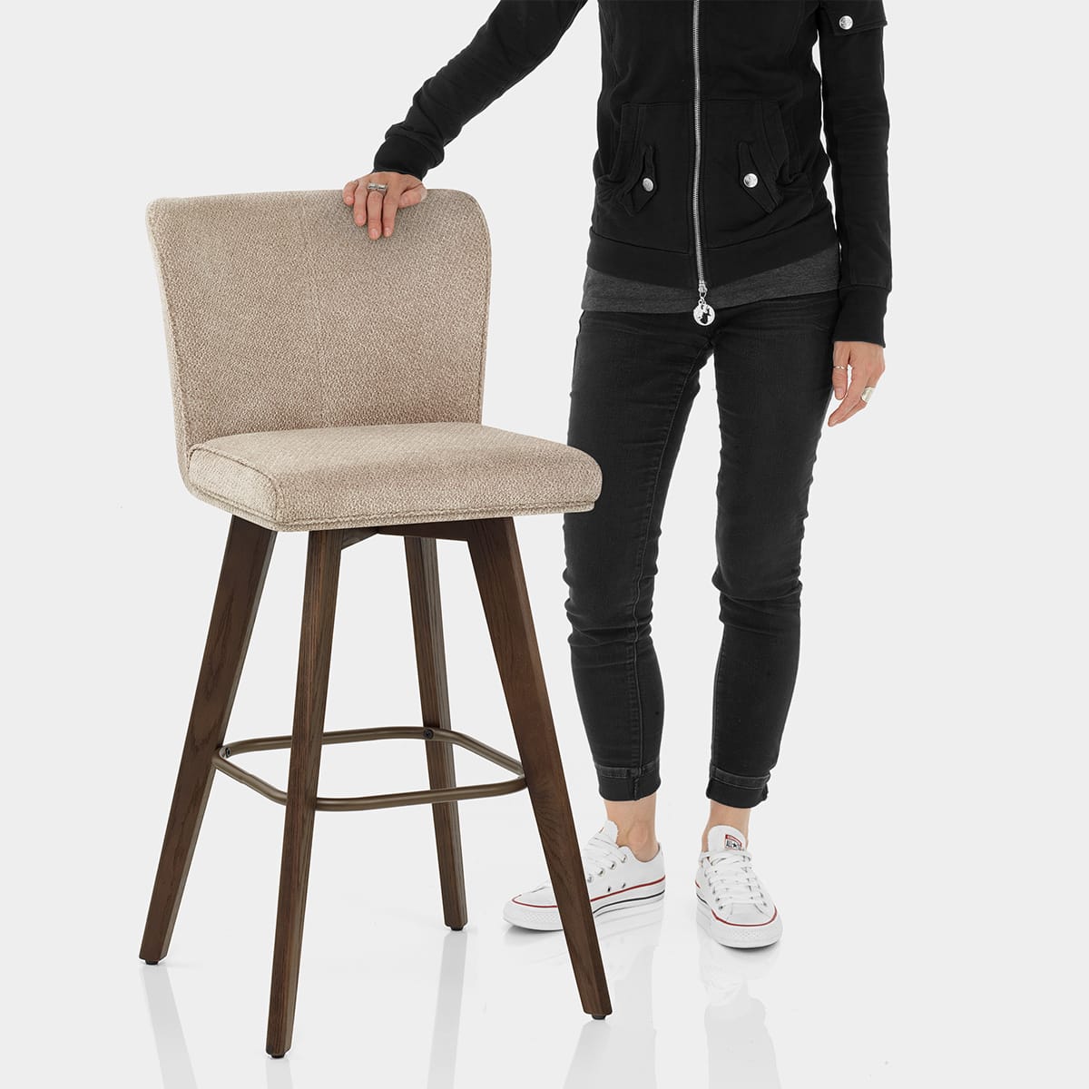 Aldo Dark Oak Bar Stool Tweed Fabric Features Image