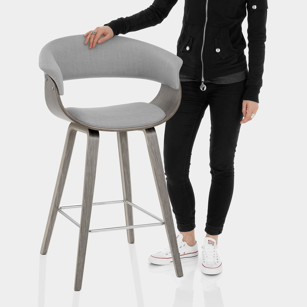 Alexis Wooden Stool Grey Fabric Features Image