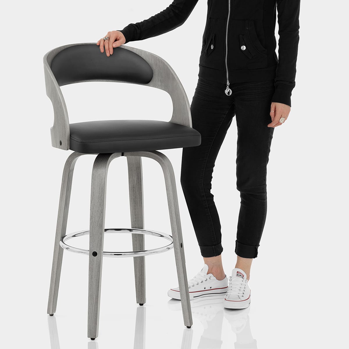 Alicia Grey Wooden Stool Black Real Leather Features Image