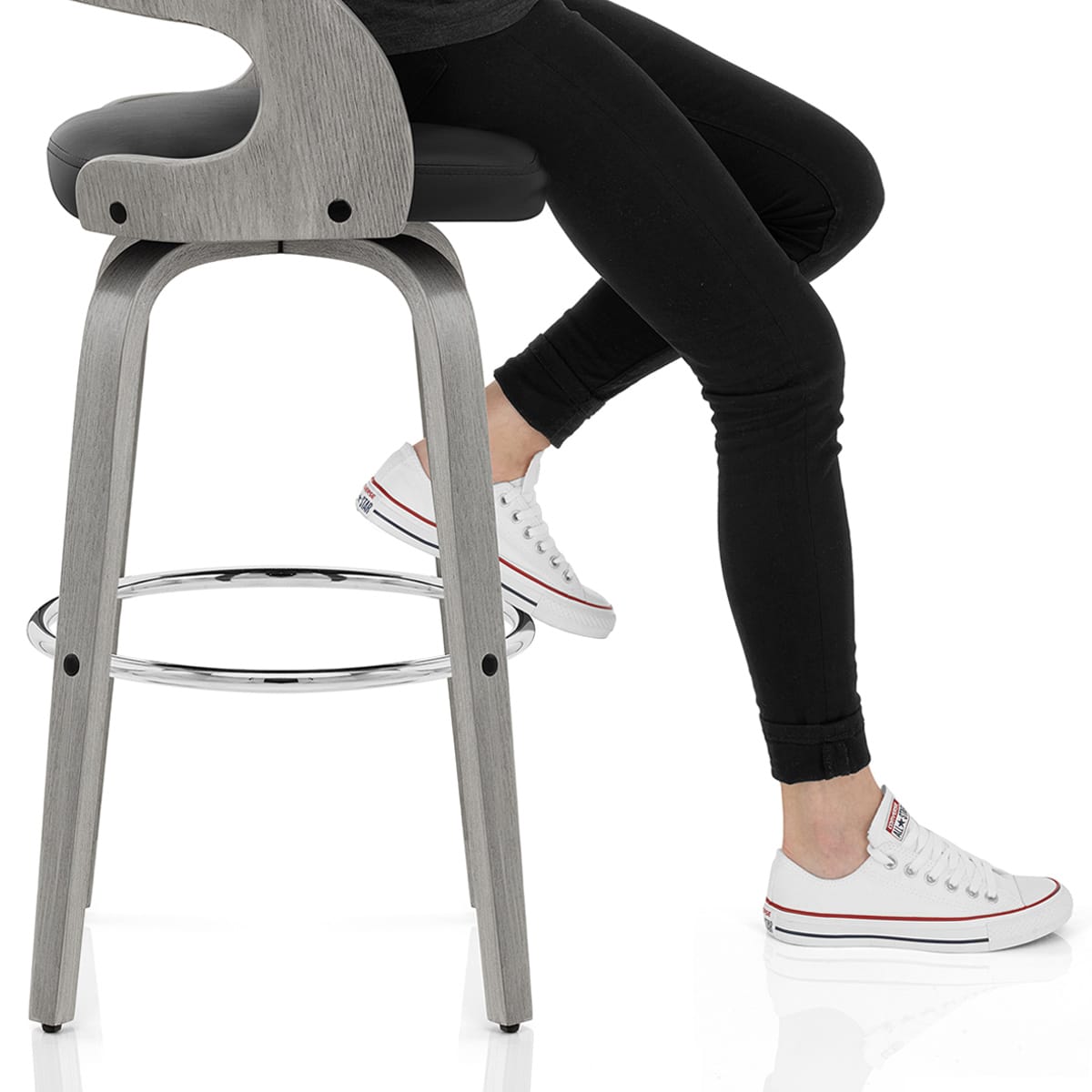 Alicia Grey Wooden Stool Black Real Leather Frame Image