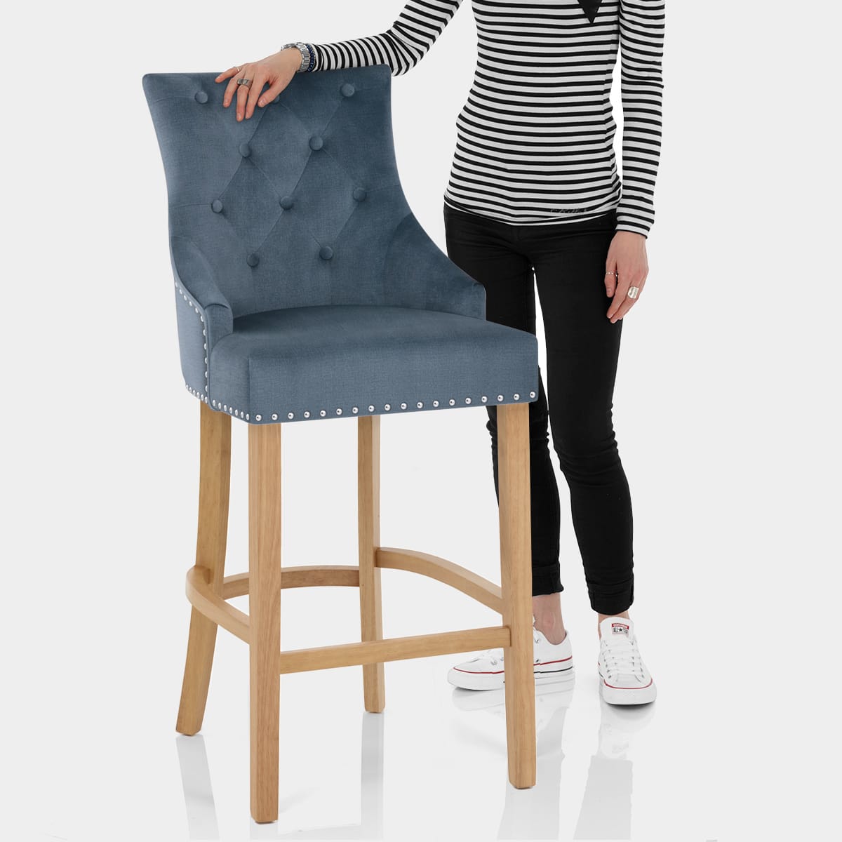 Ascot Oak Stool Blue Fabric Features Image