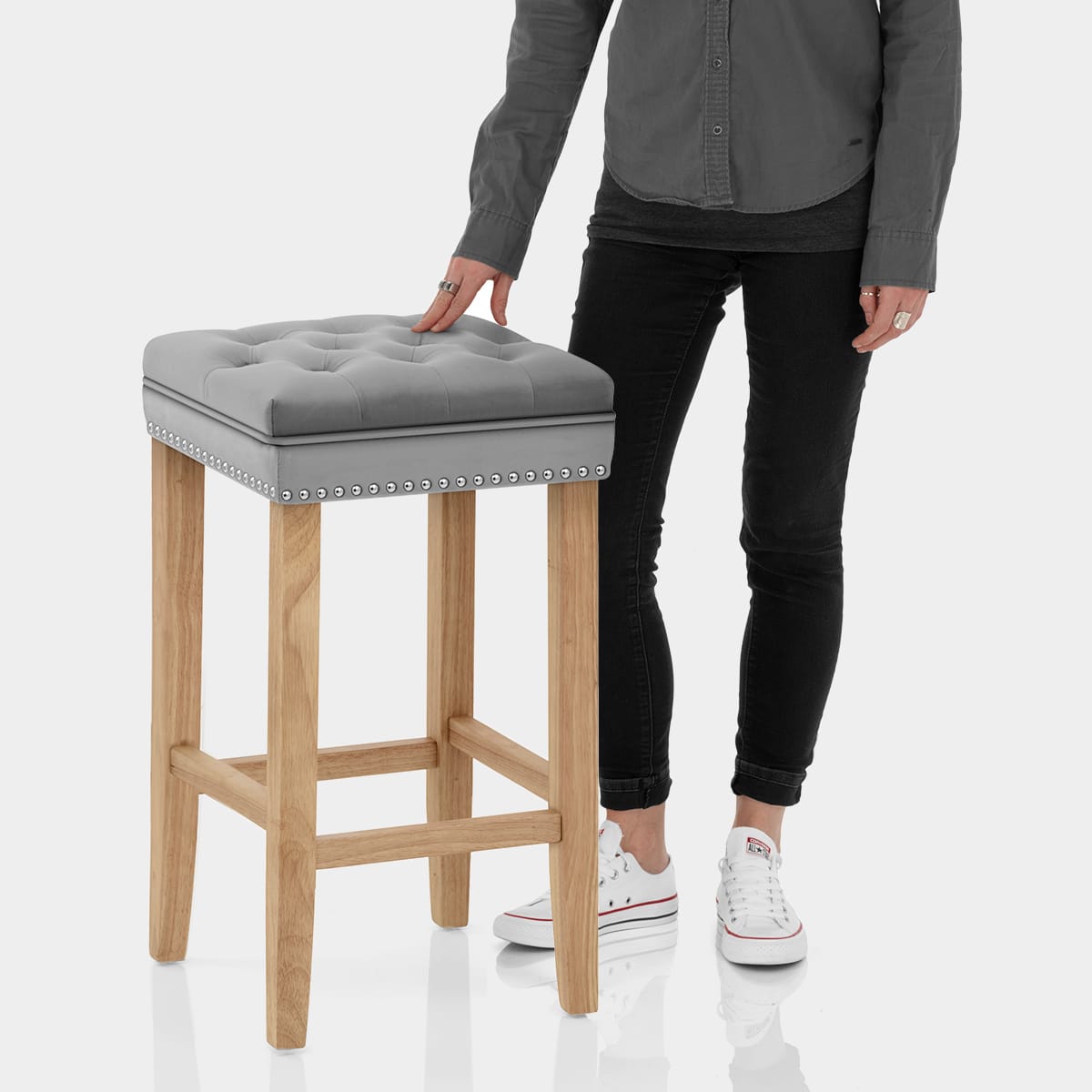 Belgravia Oak Stool Grey Velvet Features Image