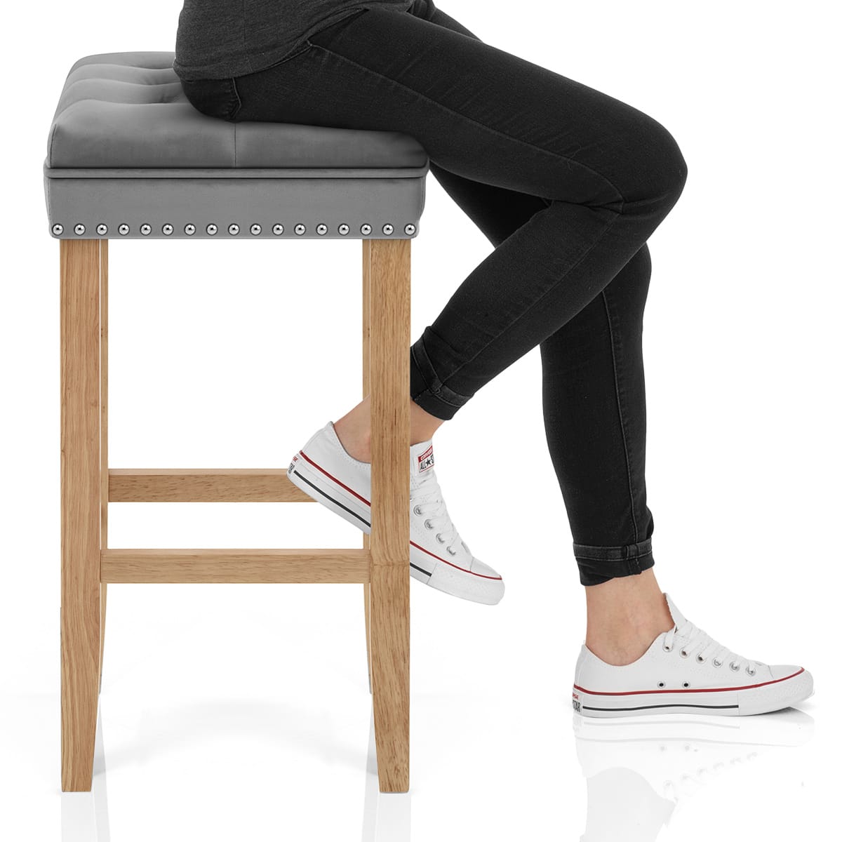 Belgravia Oak Stool Grey Velvet Frame Image