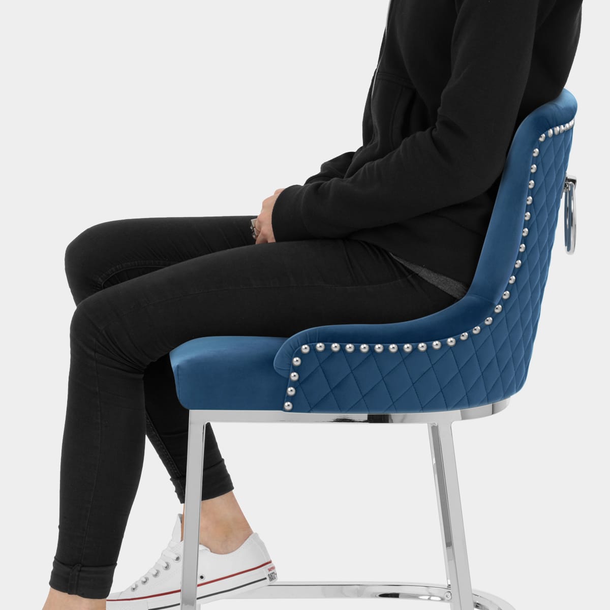 Blush Bar Stool Blue Velvet Seat Image