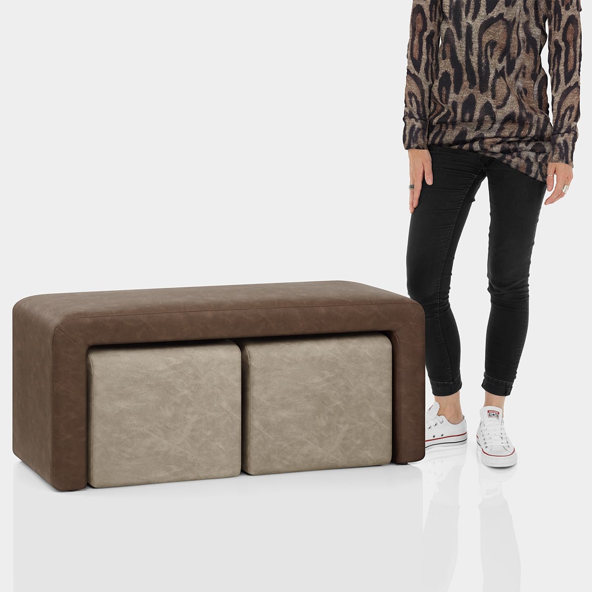 Buddy Beige Ottoman & Brown Bench Set Features Image