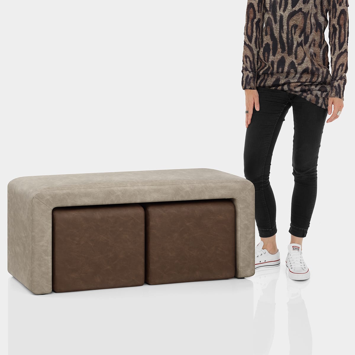 Buddy Brown Ottoman & Beige Bench Set Features Image