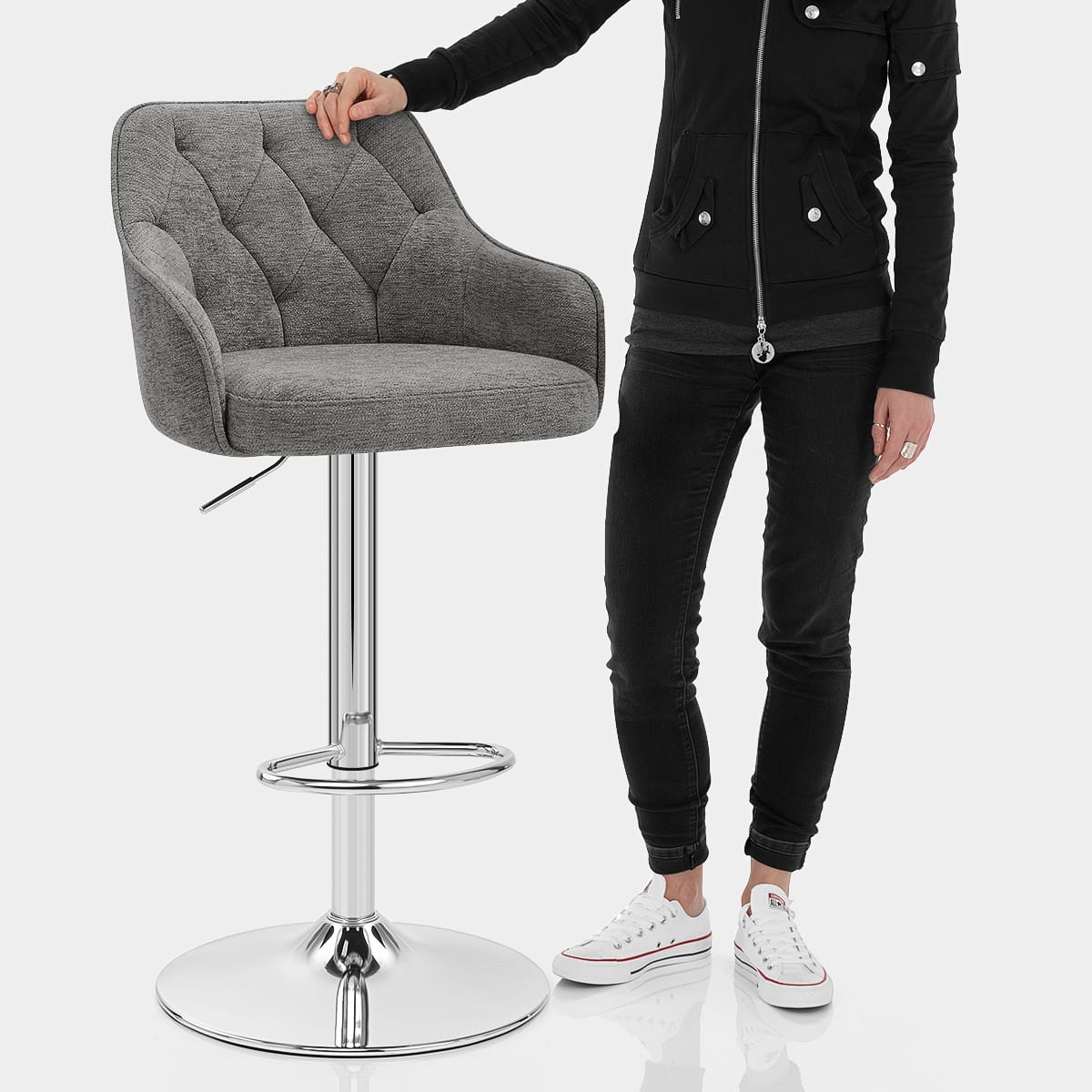 Butler Bar Stool Grey Fabric Features Image