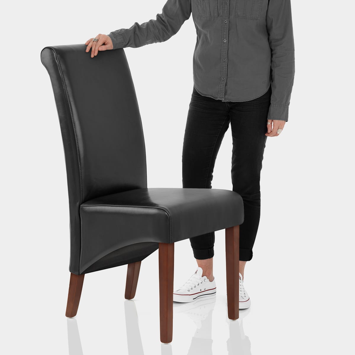 Carlo Walnut Chair Black Leather Features Image