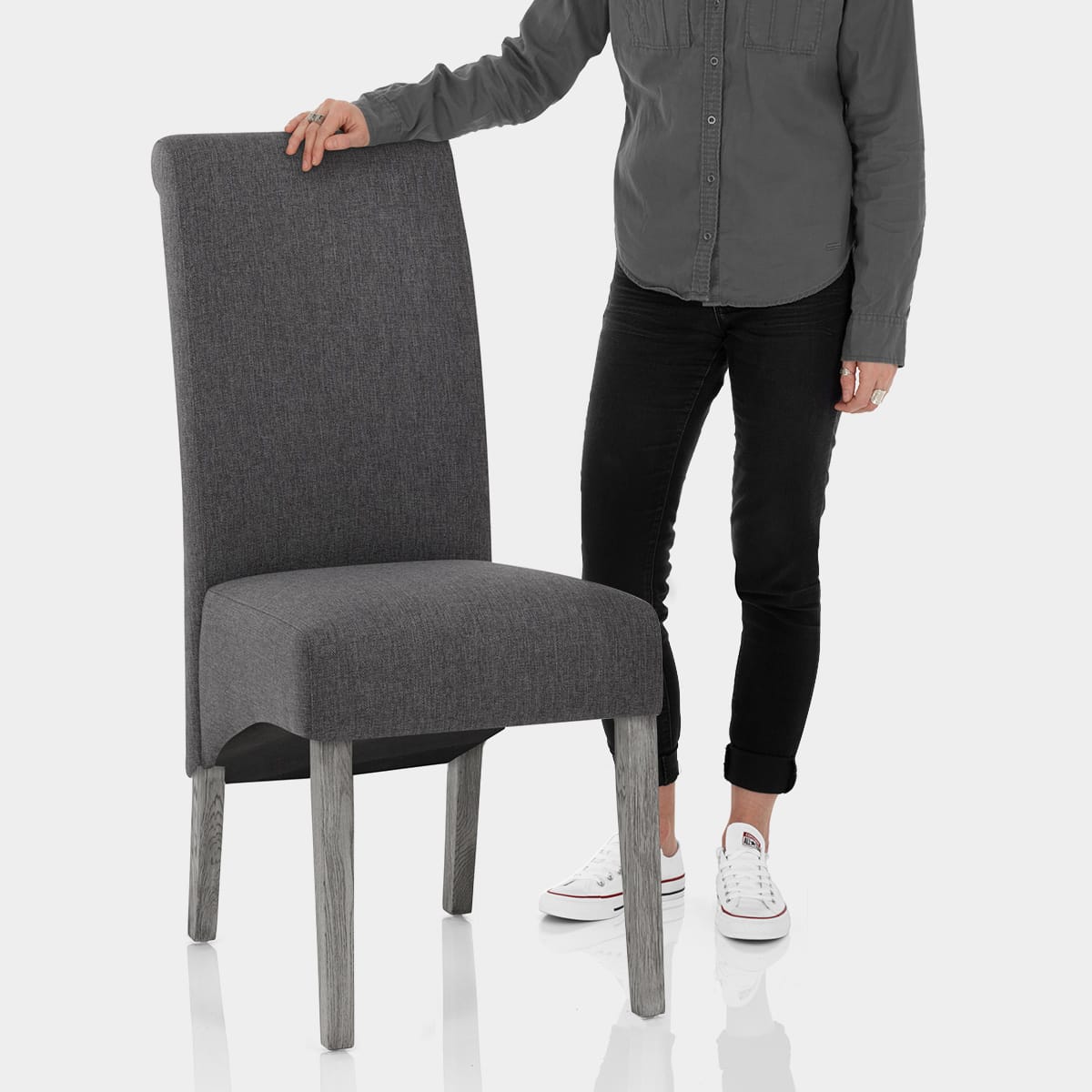 Carlo Grey Oak Chair Charcoal Fabric Features Image