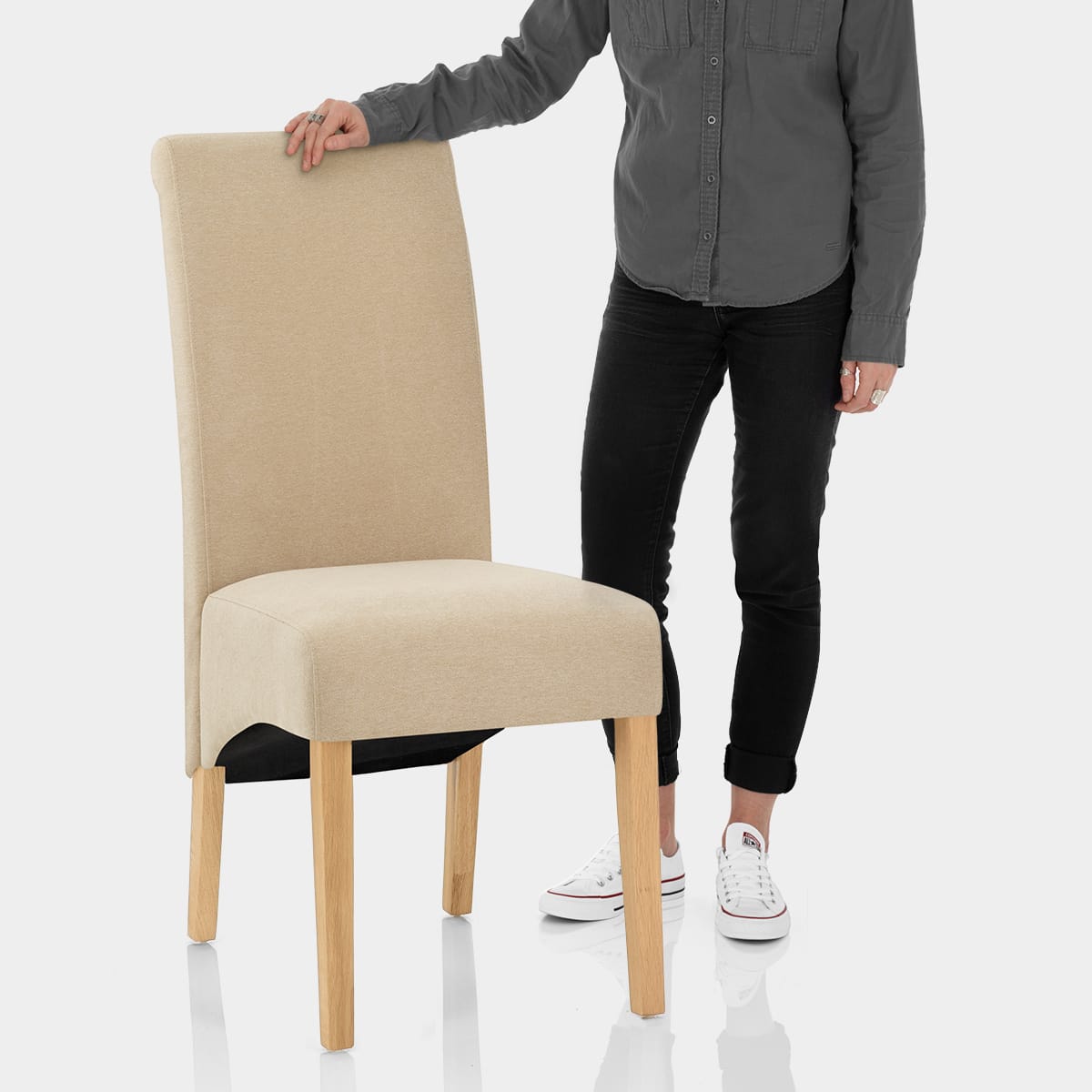 Carlo Oak Chair Beige Fabric Features Image