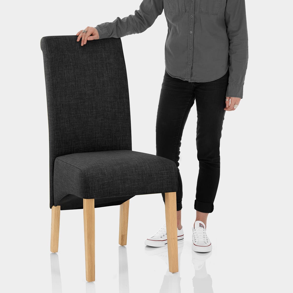 Carlo Oak Chair Charcoal Fabric Features Image