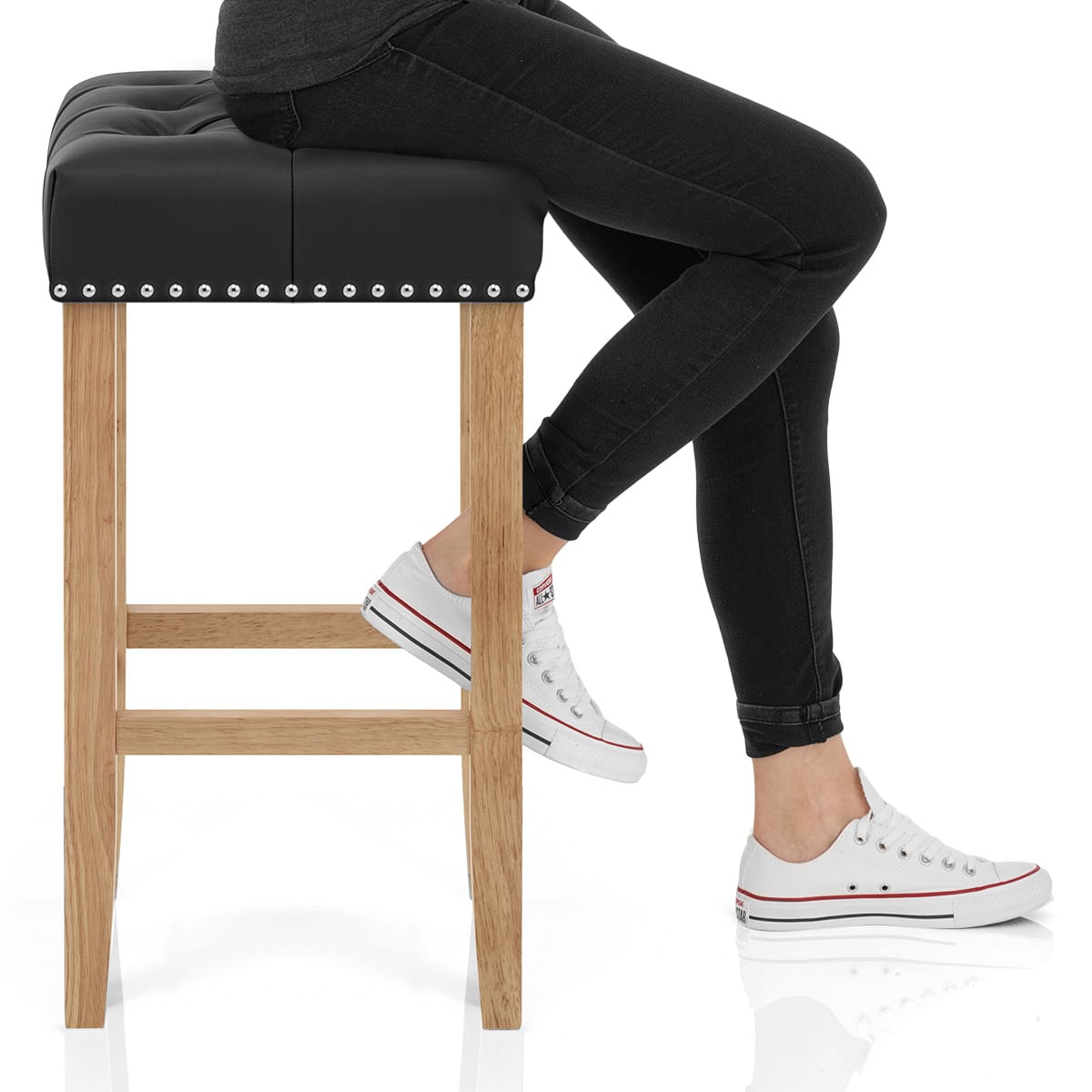 Chelsea Oak Stool Black Leather Frame Image