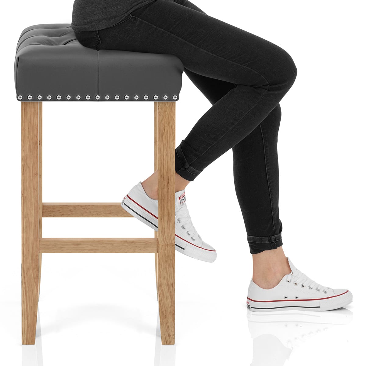 Chelsea Oak Stool Grey Leather Frame Image