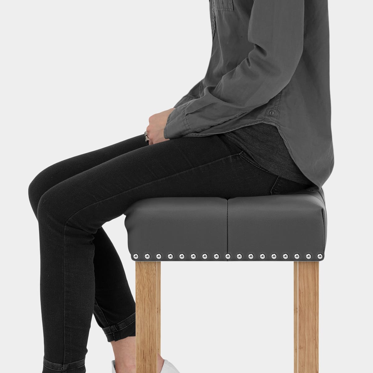 Chelsea Oak Stool Grey Leather Seat Image