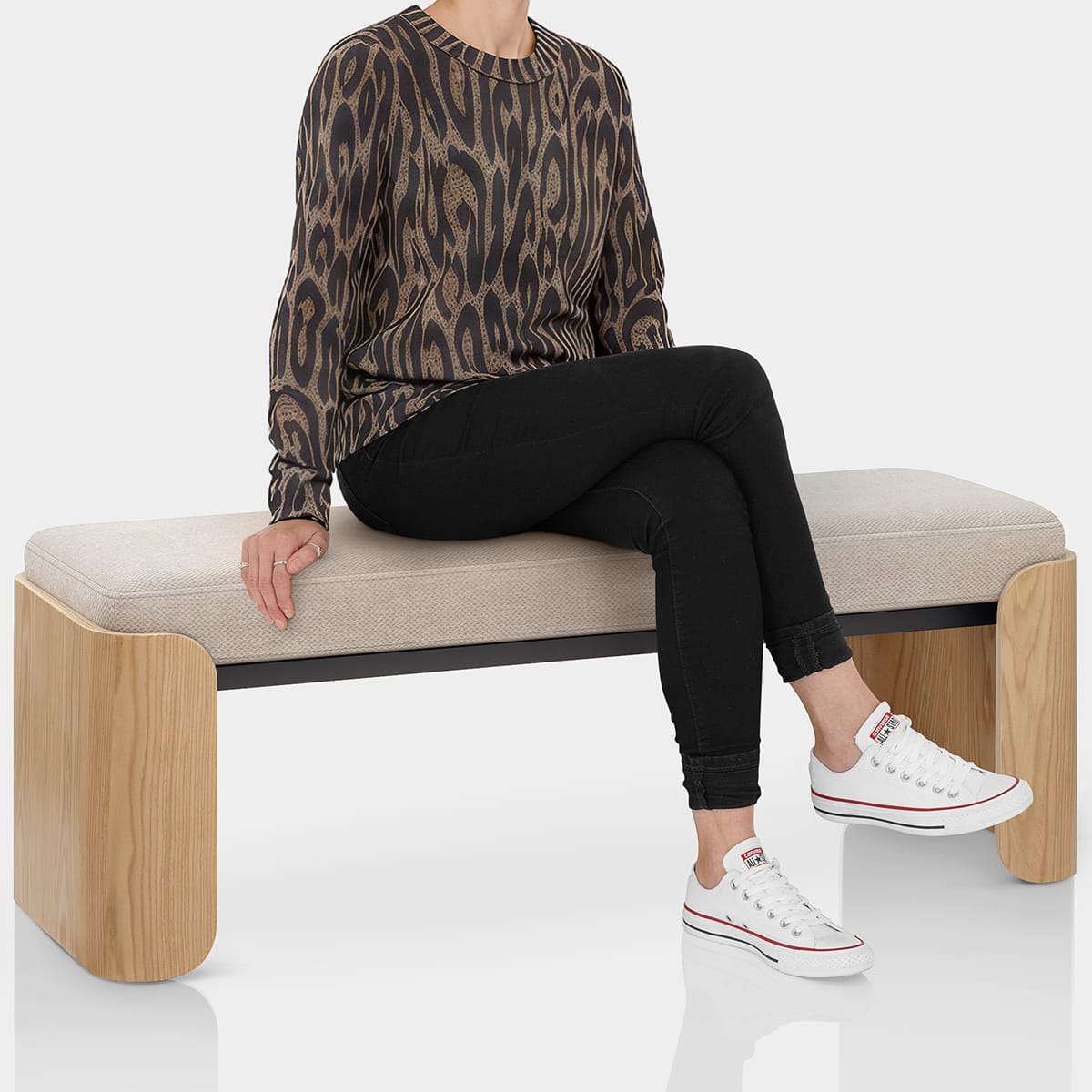 Clifton Oak Bench Beige Fabric Seat Image