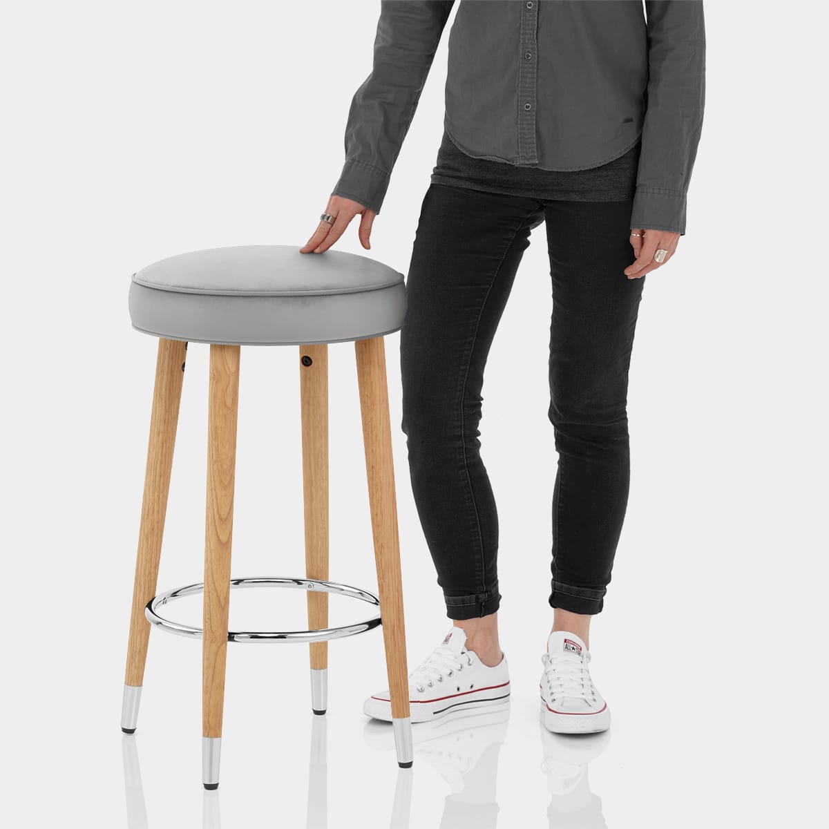 Conrad Oak Stool Grey Velvet Features Image