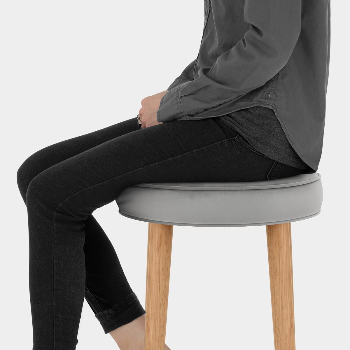 Conrad Oak Stool Grey Velvet Seat Image