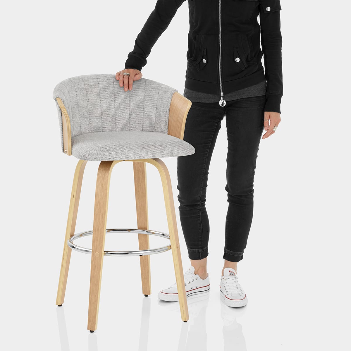 Coral Bar Stool Oak & Grey Fabric Features Image