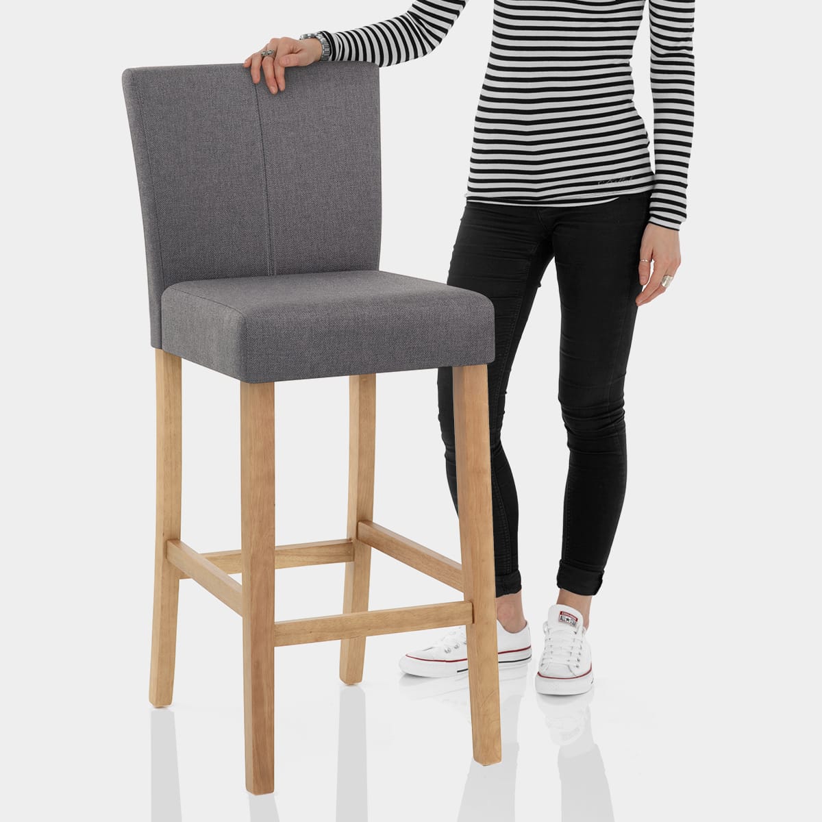 Cornell Oak Bar Stool Charcoal Fabric Features Image