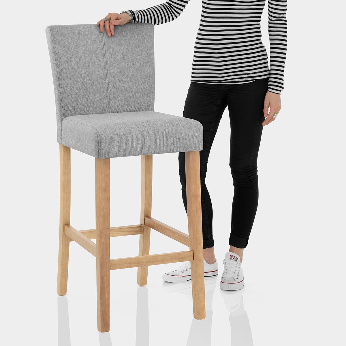 Cornell Oak Bar Stool Light Grey Fabric Features Image