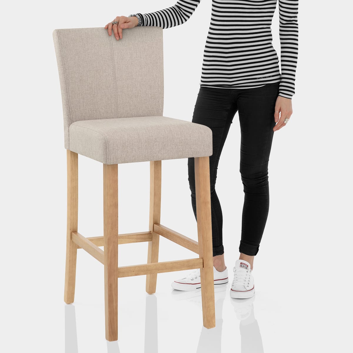 Cornell Oak Bar Stool Tweed Fabric Features Image