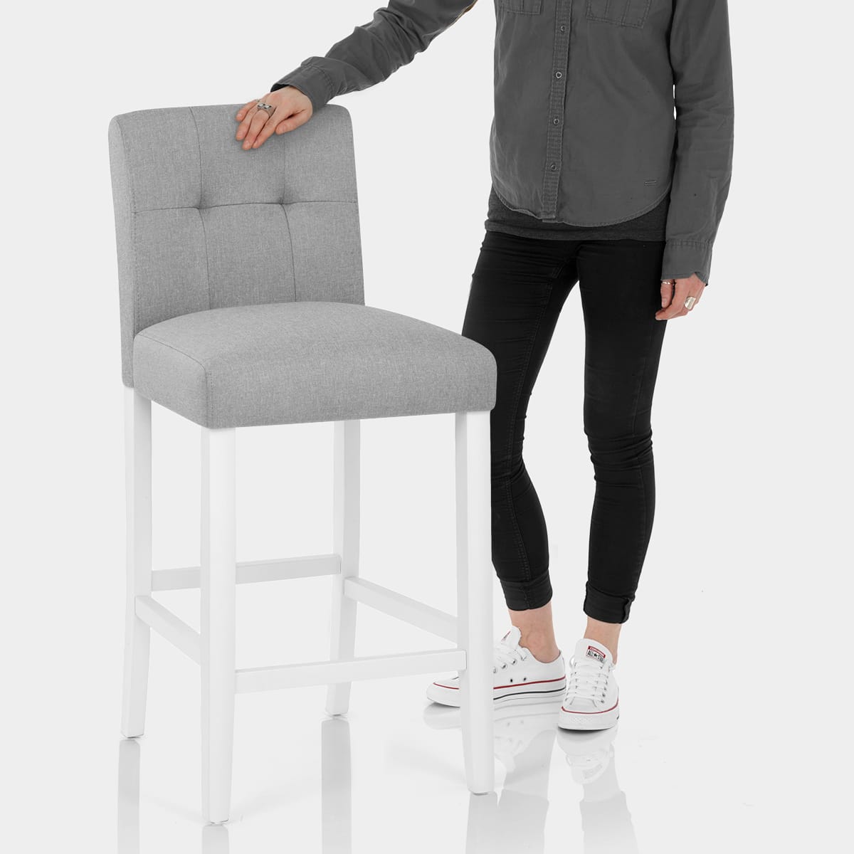 Crawford Bar Stool Grey Fabric Features Image