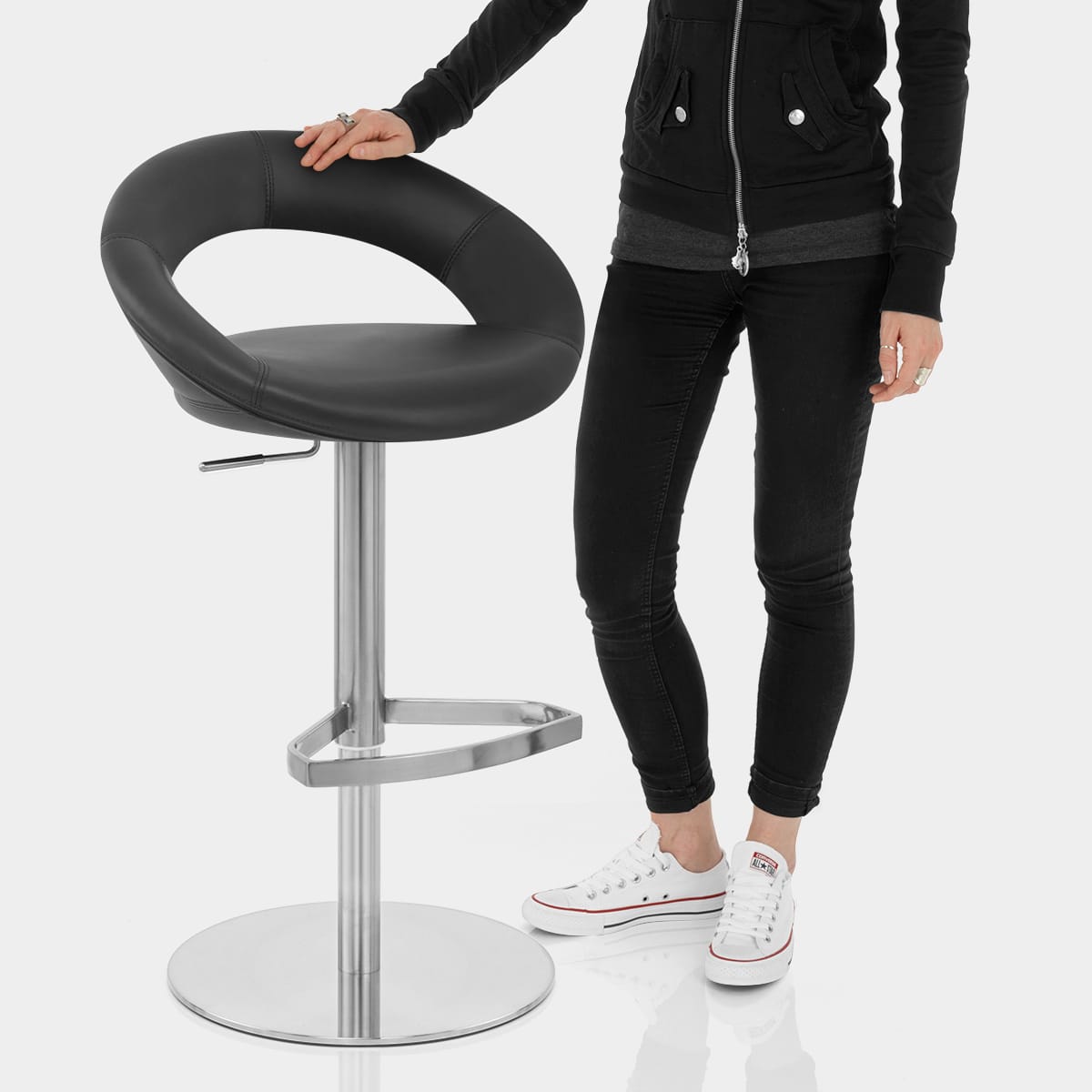 Real Leather Crescent Bar Stool Black Features Image