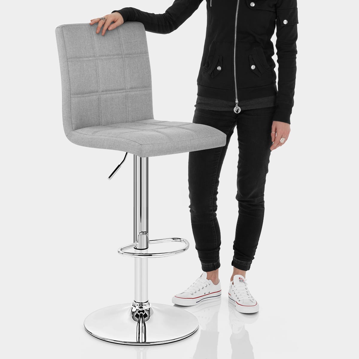 Criss Cross Bar Stool Grey Fabric Features Image