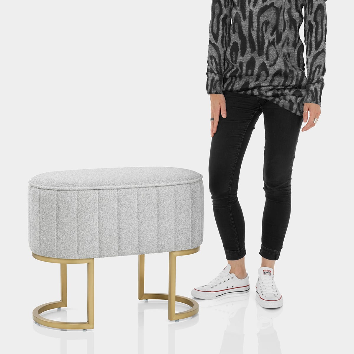 Duet Brushed Gold Stool Light Grey Fabric Features Image