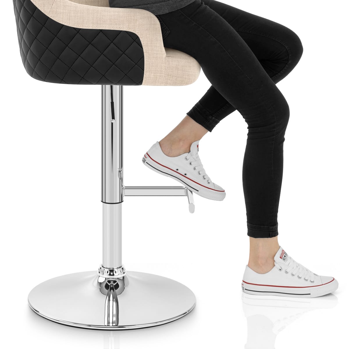 Dylan Stool Black Leather & Beige Fabric Frame Image