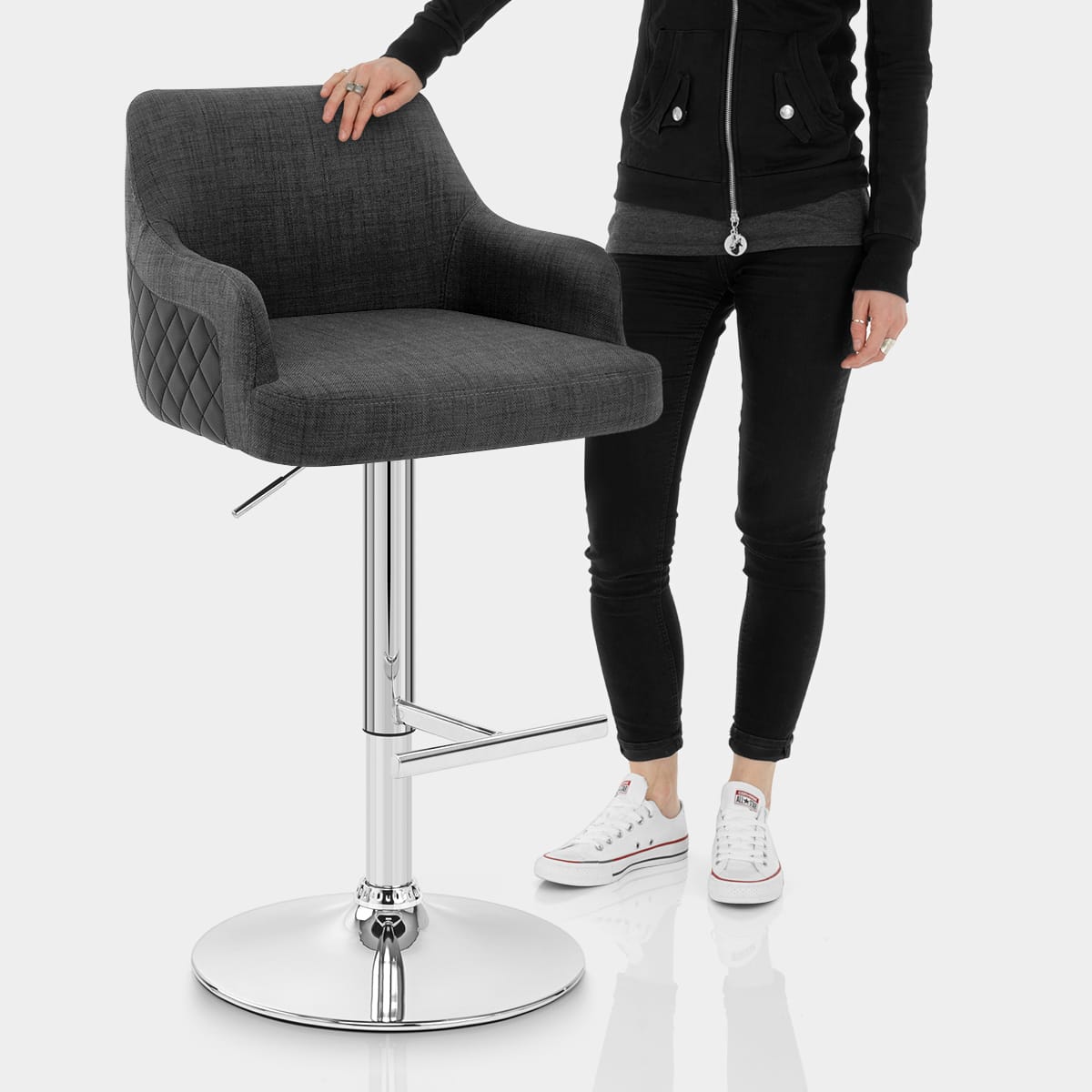 Dylan Stool Black Leather & Charcoal Fabric Features Image