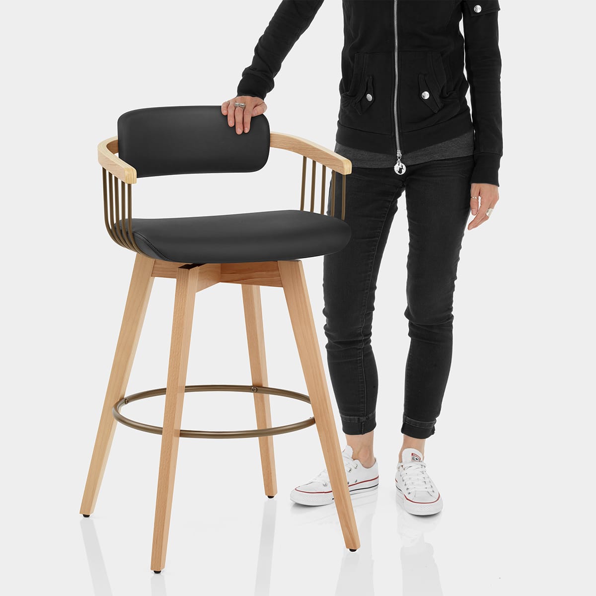 Electra Oak Real Leather Stool Black Features Image