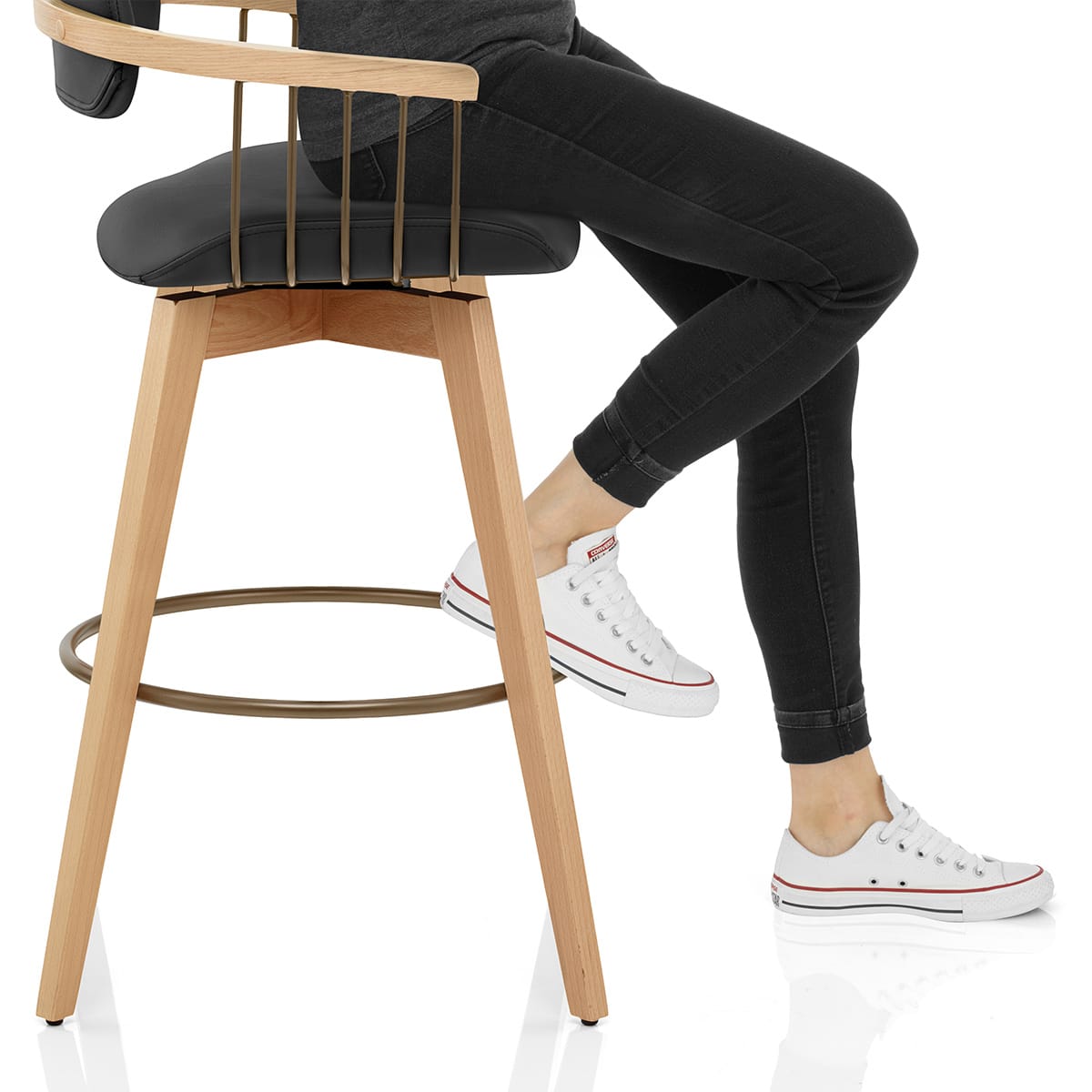Electra Oak Real Leather Stool Black Frame Image