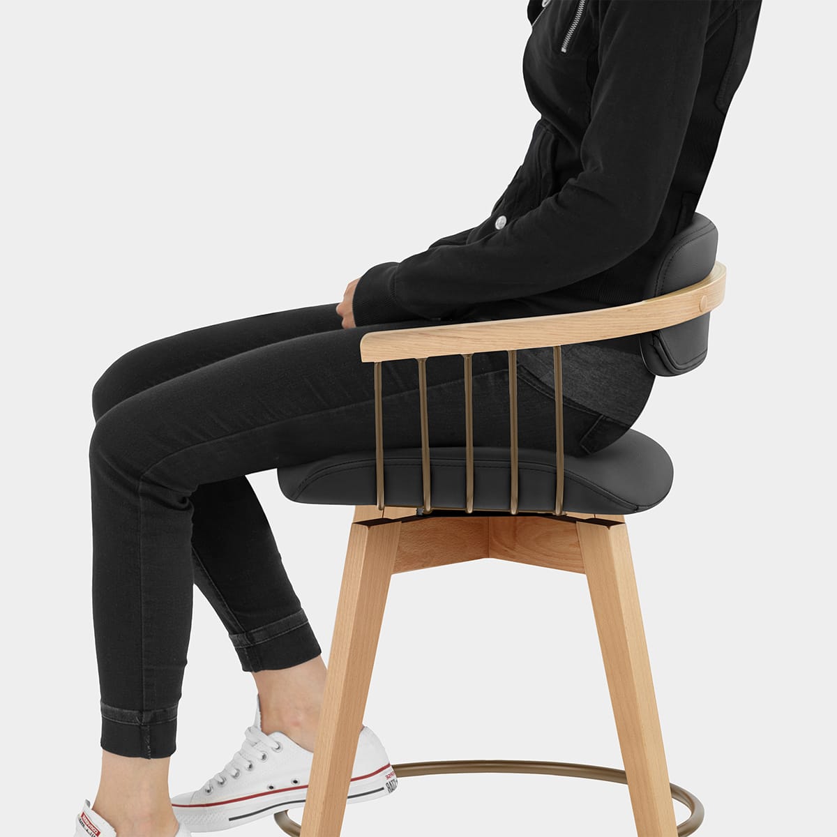 Electra Oak Real Leather Stool Black Seat Image