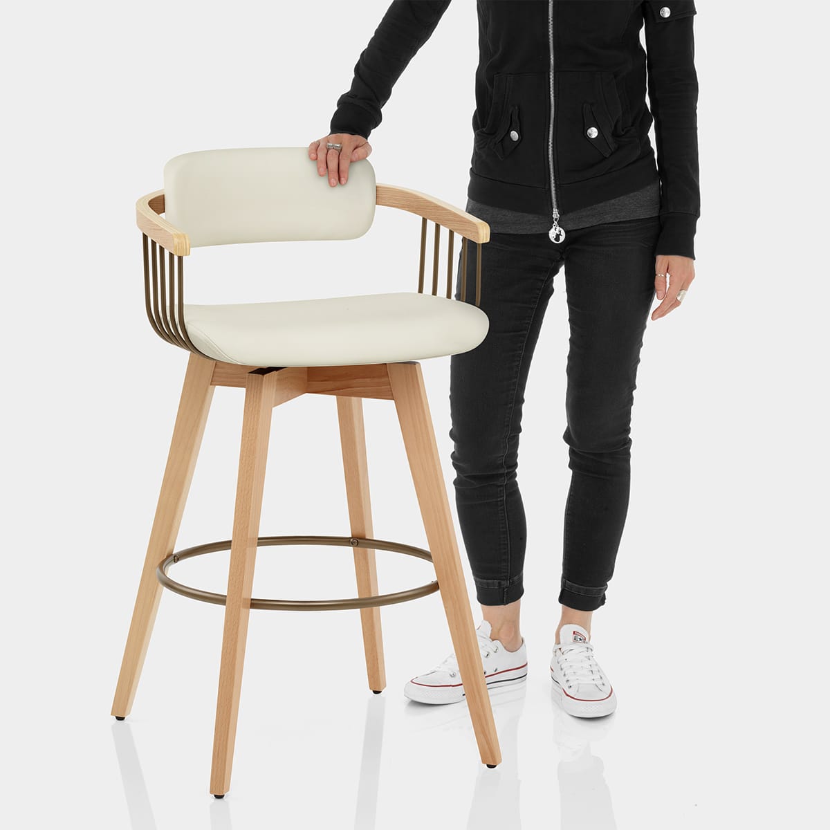 Electra Oak Real Leather Stool Cream Features Image