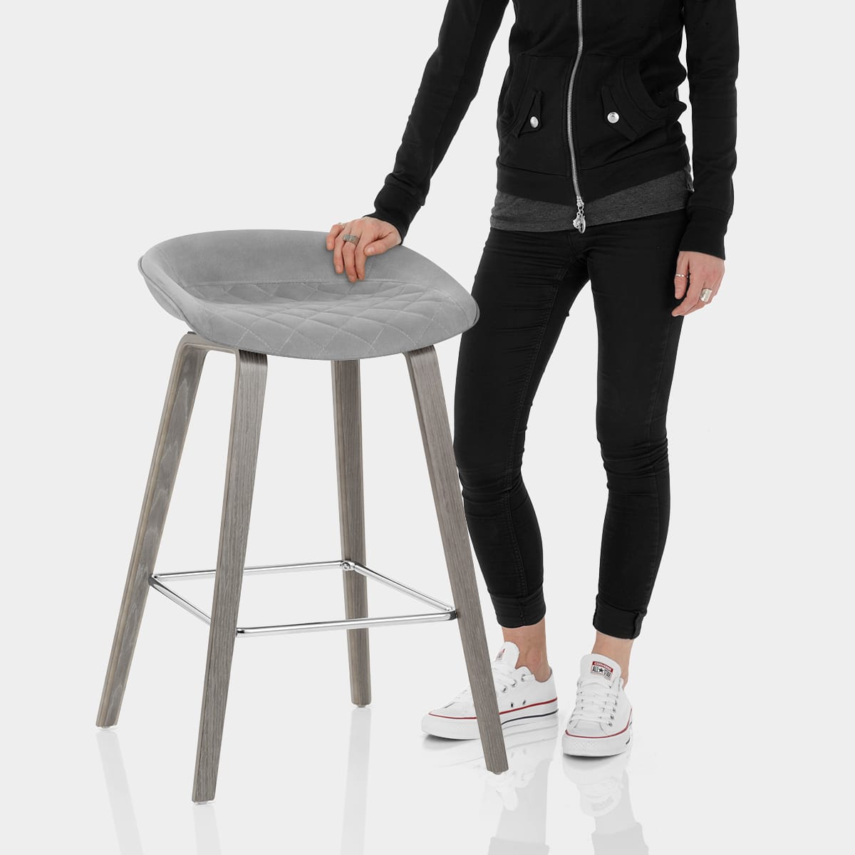 Epic Wooden Stool Grey Velvet Features Image