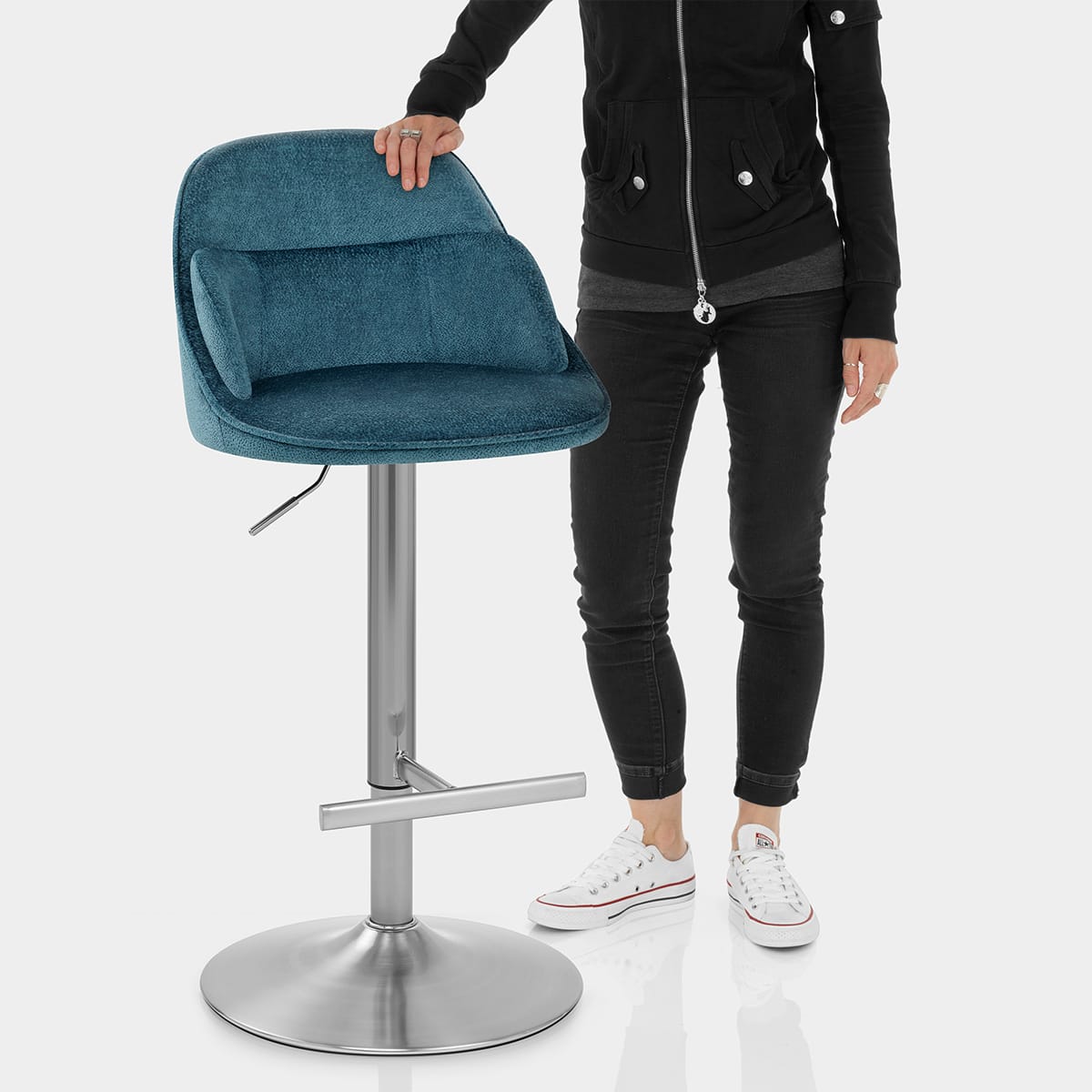 Freya Brushed Steel Stool Blue Fabric Features Image